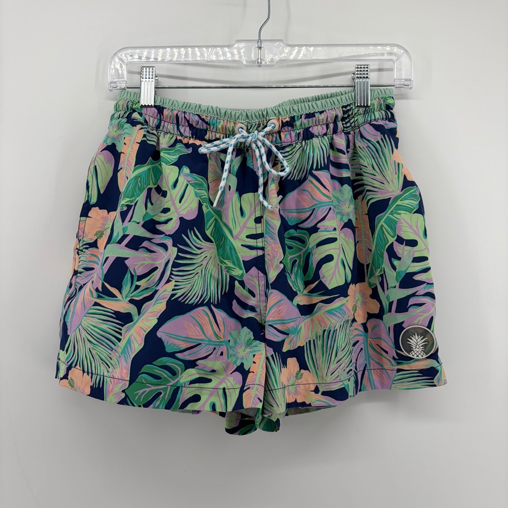Chubbies Mens M Navy Tropical Floral 4" Inseam Swim Trunks Compression Liner